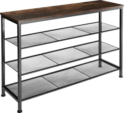 A shoe rack with a wooden top and metal shelves against a white background.