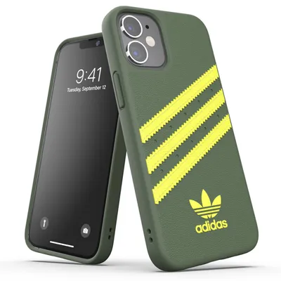 A green Adidas iPhone 12 Mini case with yellow stripes and logo is shown next to an iPhone.