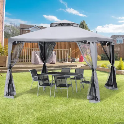 Produktbild von SUGIFT Gartenpavillon mit Moskitonetz, Pavillon mit Doppeldach 3x3 m, 4 Seitenteile, Metall, Hellgrau  |  UV-Schutz  |  160 g/m² Polyester  |  294x294x265 cm