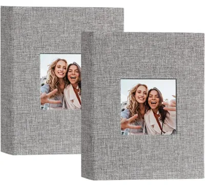 Productafbeelding van Fotoalbum 10x15 cm, set van 2, linnen, grijs, voor 100 foto's, met kijkvensters
