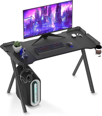 Produktbild von Gaming Tisch mit LED 120x60 cm Schreibtisch Gaming Computertisch mit Getränkehalter und Kopfhörerhaken PC Tisch Gamer Tisch Gamingtisch mit Kohlefaserbeschichtung Schwarz, Y-Frame