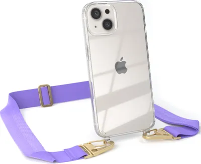 Produktbild von EAZY CASE - Hülle mit Band für Apple iPhone 13, Handyhülle mit Umhängeband, Silikonhülle transparent, Handykette in Violett