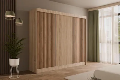 Produktbild von ALTDECOR Kleiderschrank mit Lamel-Schiebetüren, kugelgelagerte Führungsschienen und Aluminium-Leisten - VILANv2 - 250 cm Sonoma Eiche + Sonoma Eiche + Lamelle Eiche Wotan
