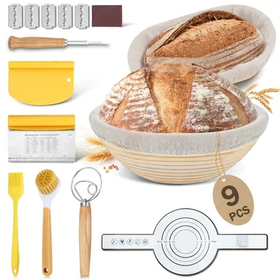 Zdjęcie produktu dla Koszyk do wyrastania chleba - Owalny i okrągły - Naturalny rattan - 9 elementów - Zestaw do chleba i zakwasu