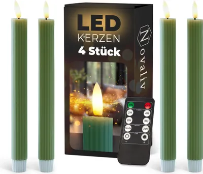 Produktbild von Stabkerzen LED mit Timer Grün 4 Stück Grün indoor - 6 Stunden - ECHTWACHS gerippt 23cm Höhe für Kerzen 2,2cm Durchmesser 2 AAA Batterien notwendig LED Stabkerzen flackernde Flamme bewegliche Flamme