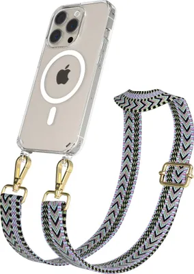 Produktbild von EAZY CASE - Handykette mit MagSafe Hülle für Apple iPhone 15 Pro, Handyband ZigZag Style,Karabiner Gold, Umhängeband in Lila