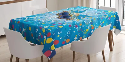 Zdjęcie produktu dla ABAKUHAUS Obrus karnawałowy, niebieskie tło z kolorowymi kropkami i maską karnawałową ze stylizowanymi zawijasami, 140 x 200 cm, wielokolorowy