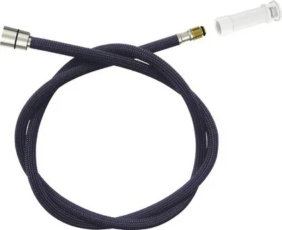 A dark blue braided hose with silver and gold connectors against a white background.