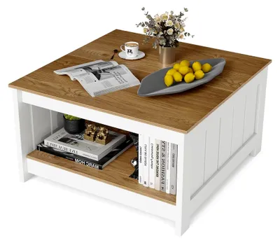 Produktbild von Couchtisch aus Holz, Wohnzimmertisch mit 2 Ebenen und Stauraum, quadratischer Beistelltisch im Landhausstil, 80 x 80 x 45 cm für Wohnzimmer und Büro