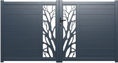 Produktbild von L.350 x H.164 cm LABRIT II schwenkbares halbperforiertes elektrisches Aluminiumtor mit Design LABRIT II