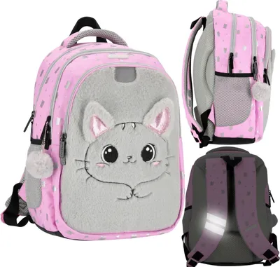 Obrázek produktu pro Růžový VYZTUŽENÝ dívčí batoh, s odrazkami TŘI KOMORY kočka 40x29x20cm, 23 l