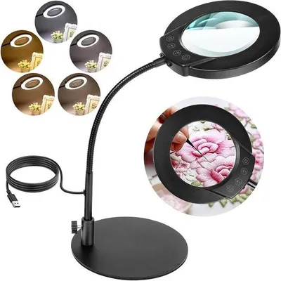 Productafbeelding van Vergrootglas met licht - Loeplamp bureau - Nauwkeurig hobbywerk - 5 kleurmodi traploos - 10x vergroting - Zwart