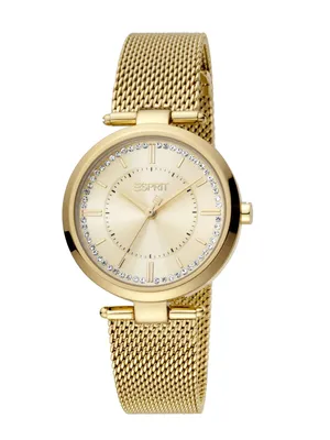 A close-up studio shot of a gold women's watch.