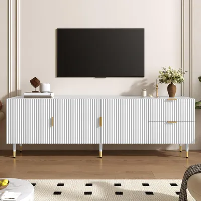 Zdjęcie produktu dla Merax szafka TV 170×36×55 cm, mebel TV z 3 drzwiami i szufladą, półkami i systemem prowadzenia kabli, biały ze złotymi uchwytami i nóżkami, system cichego zamykania