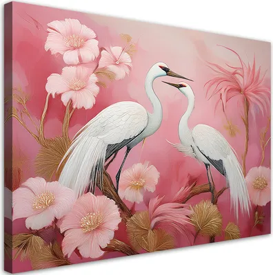 Produktbild von Leinwandbild Kraniche Vögel Blumen 120x80 Feeby Rosa bild für die wand bereit zum aufhängen