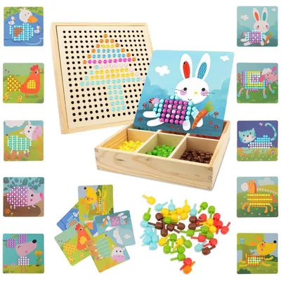 Image de Kit de construction en mosaïque pour enfants, à partir de 3-5 ans : 240 perles à encastrer, 10 modèles, planche en bois