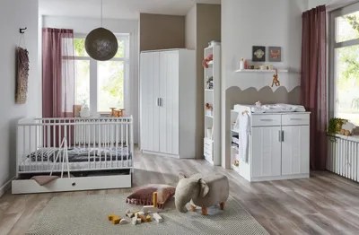 Produktbild von Babyzimmer-Komplettset "Borkum" in WEISS mit 8 Einlegeböden.