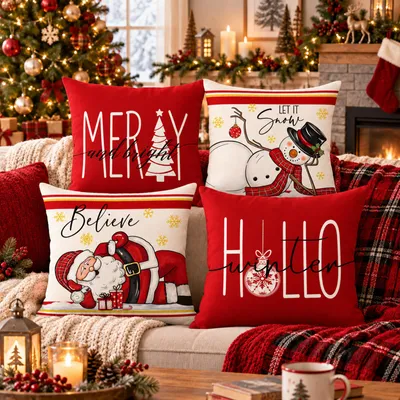 Image de Lot de 4 housses de coussin de Noël, 45 x 45 cm, couleurs variées, mélange de lin, pour décoration de canapé ou de chambre