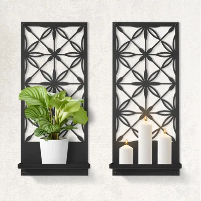 Immagine prodotto di Set di 2 portacandele da parete in stile retrò – Decorazione da parete in metallo nero, ideale per soggiorno e camera da letto