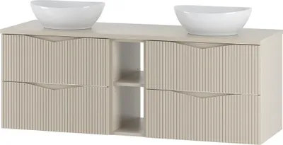 Produktbild von Badezimmer Doppelwaschtisch mit 140 cm Breite in beige mit gerillter Front, 4 Schubladen & 2 Fächer - CALURI-140