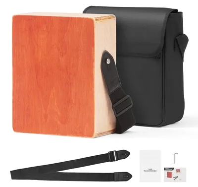 Produktbild von Cajon, Kistentrommel, mit internen Gitarrensaiten, leichte Percussion-Box aus Holz, tragbares Trommelinstrument mit Reisetasche, verstellbarem Gurt