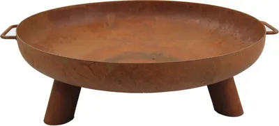 A rusty metal fire bowl with three legs and two handles, presented on a white background.
