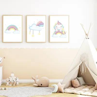 Produktbild von Einhorn Regenbogen Wolke 3er Set Kinderzimmer Bilder DIN A4 Poster Babyzimmer Wandbilder Dekoration