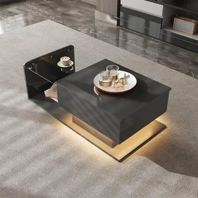 Produktbild von STILVORA Anhebbarer Couchtisch mit Glasplatte und LED-Beleuchtung,Beistelltisch mit Stauraum,Kaffeetisch mit Hochglanz,schwarz