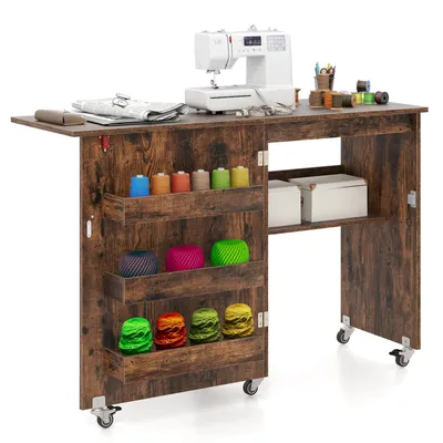 Produktbild von Klappbarer Nähtisch, Nähmaschinentisch mit 5 Rollen & Große Arbeitsfläche & 3 Aufbewahrungstabletts und Regal (Braun)