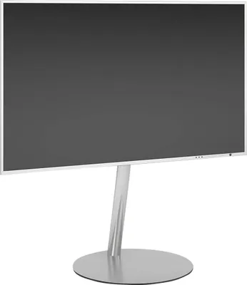 A modern TV stand with a circular base and a sleek metallic finish, presented against a plain white background.