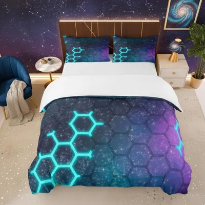 Produktbild von Bettwäsche Set Honeycomb Galaxy 200x200 cm Sterne Blau Lila Mikrofaser