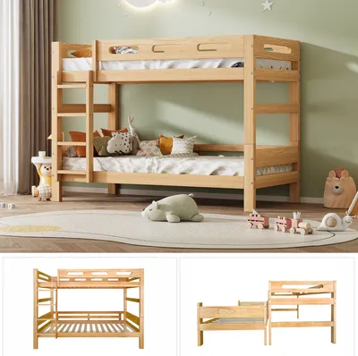 Image de Lit superposé pour enfants et adolescents, lit d'enfant, divisé en 2 lits simples, cadre stable en pin, montage facile, naturel, 90x200cm,