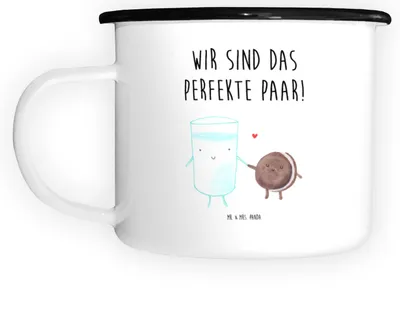 Produktbild von Mr. & Mrs. Panda Emaille Tasse Milch Keks - Weiß - Geschenk, Becher, Cookie, Haferl, Lustige Sprüche, Kaffee, Teetasse, Campingbecher, Einladung Frühstück, Pott, Kekse