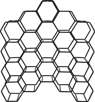 A black metal wine rack with a honeycomb design.