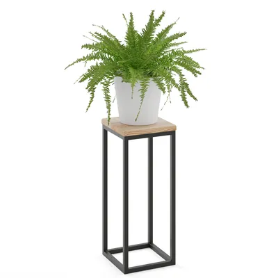 Immagine prodotto di LAMO Manufaktur supporto per fiori in metallo nero | supporto per piante in legno con colore naturale | sgabello per fiori grande 50 cm per piante da appartamento | 100% vero legno | base per sculture