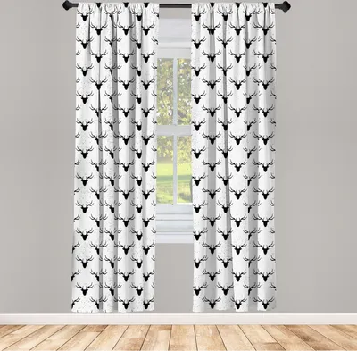 Immagine prodotto di ABAKUHAUS Tende con cervo, tende, testa di cervo con corna in silhouette, illustrazione animale sullo sfondo macchiato, 2 pezzi 75 x 175 cm, bianco e nero