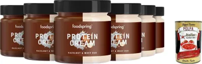 Produktbild von foodspring Protein Cream Duo, 6x 200 g, Hazelnut & Creamy Milk, 2x More Flavour with 85% Less Sugar + Italian gourmet polpa 400g