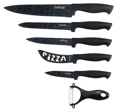 Produktbild von 6 teiliges Messerset (5 Messer & 1 Sparschäler) in Klappbox mit Magnetverschluss scharfe Messerklingen Küchenmesser Chefmesser Pizzamesser Motiv 1