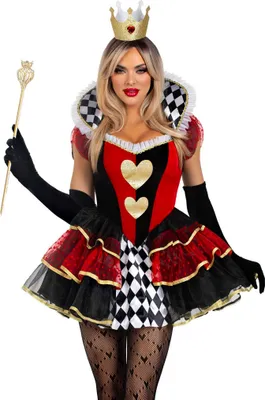 A woman wearing a Queen of Hearts costume, holding a wand.