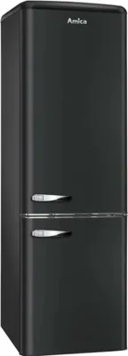 A black Amica refrigerator with chrome handles.