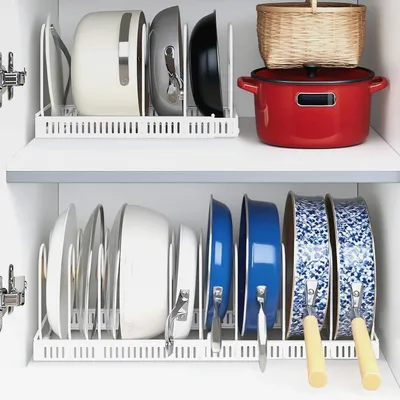 Produktbild von Erweiterbarer Topfdeckelhalter mit 10 Verstellbaren Fächern, Küchen Pfannenhalter Deckelhalter Organizer, Schubladenordner Topfdeckel Aufbewahrung für Topf Pfannen Schneidebretter Küchenzubehör (Weiß)