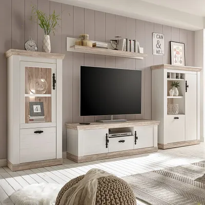 Produktbild von Landhaus Media Wohnwand FERNA-61 im Nachbildung Oslo Pinie dunkel Nb. und Pinie weiß Nb. inkl. LED B/H/T ca. 352x170x44cm