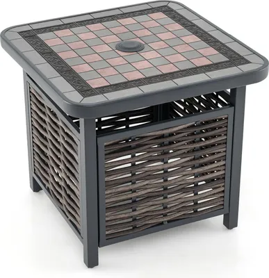 Immagine prodotto di Tavolino da esterno in vimini con foro per ombrellone, tavolo da terrazza quadrato in rattan PE con piano in resina e struttura in metallo, tavolino da caffè