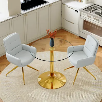 Immagine prodotto di Set tavolo e sedie, tavolo in vetro con diametro di 85 cm, struttura in metallo, 2 sedie girevoli in poliuretano (oro, grigio chiaro, trasparente)