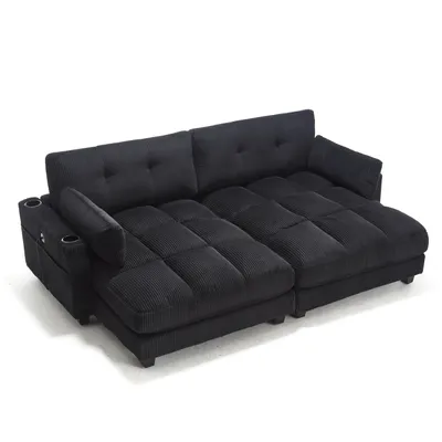 Image de LVHOM Chaiselounge Set 2 pièces avec USB&porte-gobelets, Canapé 2 places, Fauteuil relax avec poche latérale, Canapé de sol Fauteuil lounge, Dossier réglable, Noir