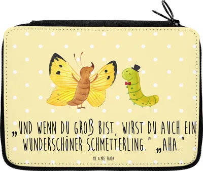 Produktbild von Mr. & Mrs. Panda Federtasche Raupe Schmetterling - Gelb Pastell - Geschenk, Hut, Federmäppchen, Hütchen, Lustige Sprüche, Etui für Stifte, Zitronenfalter, Schulmäppchen