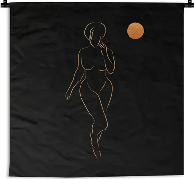 Produktbild von MuchoWow® Wandteppich Wandbehang Frau - Mond - Gold - Strichzeichnung 150x150 cm Tapisserie Dekoration Wandtuch - Wohnaccessoires - Modernes
