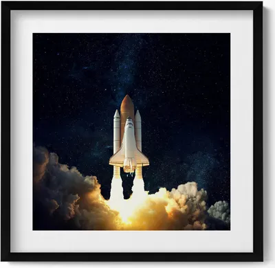 Produktbild von Rakete, die in den Weltraum abhebt– Wandbild mit Rahmen – Gerahmtes Bild  – Wanddekoration – 50x50 cm –  Schwarz Rahmen