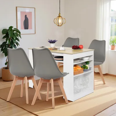 Image de Table de salle à manger avec 4 chaises, ensemble repas de 111 cm de haut, blanc et chêne, avec 4 étagères et des ports USB, couleur gris