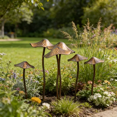 Productafbeelding van Pilzdecoratie, tuinaccessoire voor buiten, weerbestendig, herfstdecoratie, tuinaccessoire, roestige paddenstoel, tuinaccessoire met steekpen, metaal, weerbestendig, decoratie voor het gazon, grondpen voor bloembedden (6 stuks)